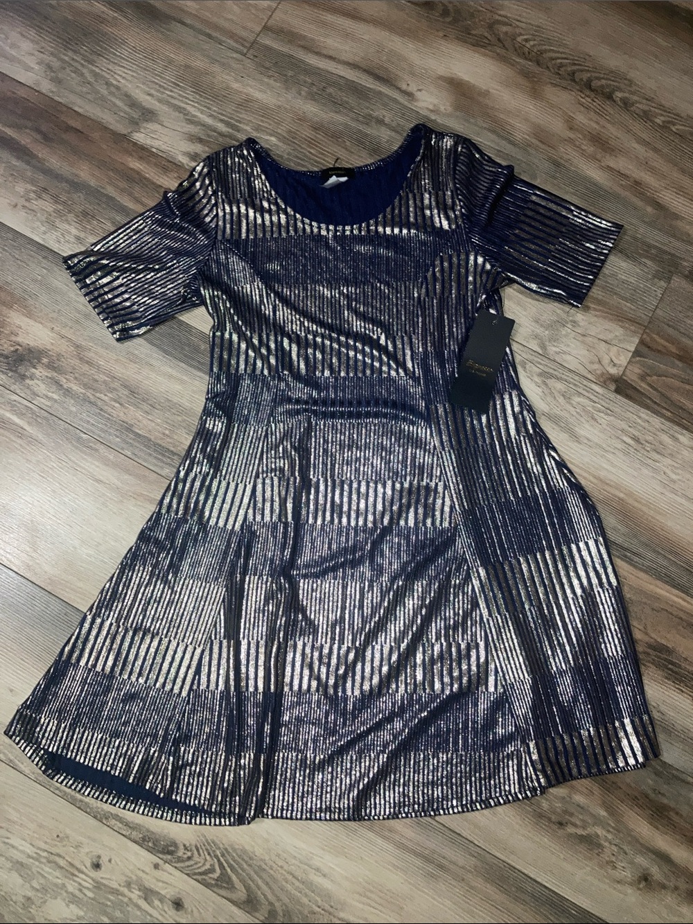 Espresso Los Angeles Navy & Gold Women’s Size Petite Large Dress NWT